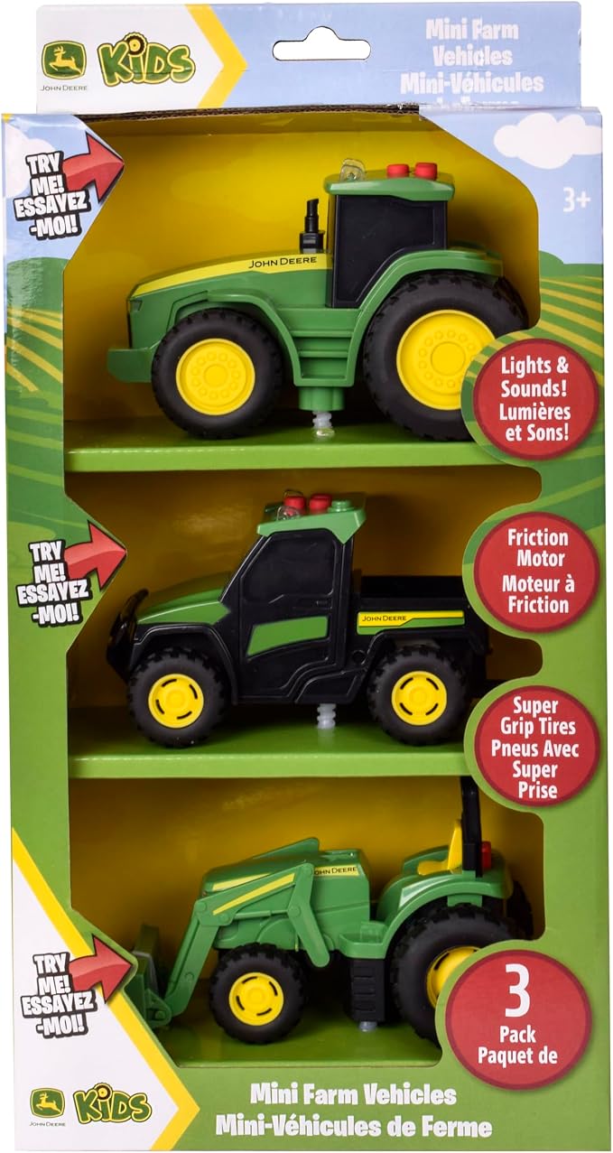 John Deere 3-Pack Set Lights and Sound Realistic 5" Farm Vehicles, 7R Series Tractor, 6105M Tractor and Gator