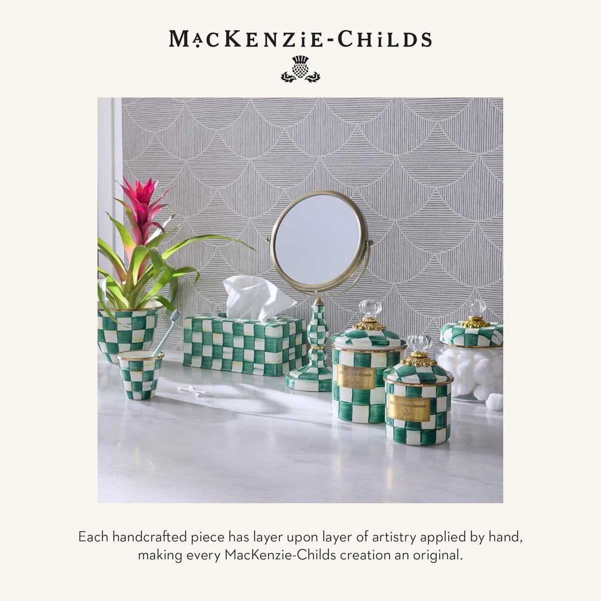 MACKENZIE-CHILDS Enamel Herb Pots, Small Plant Pots for Herbs or Flowers, Set of 3, Green-and-White Emerald Check