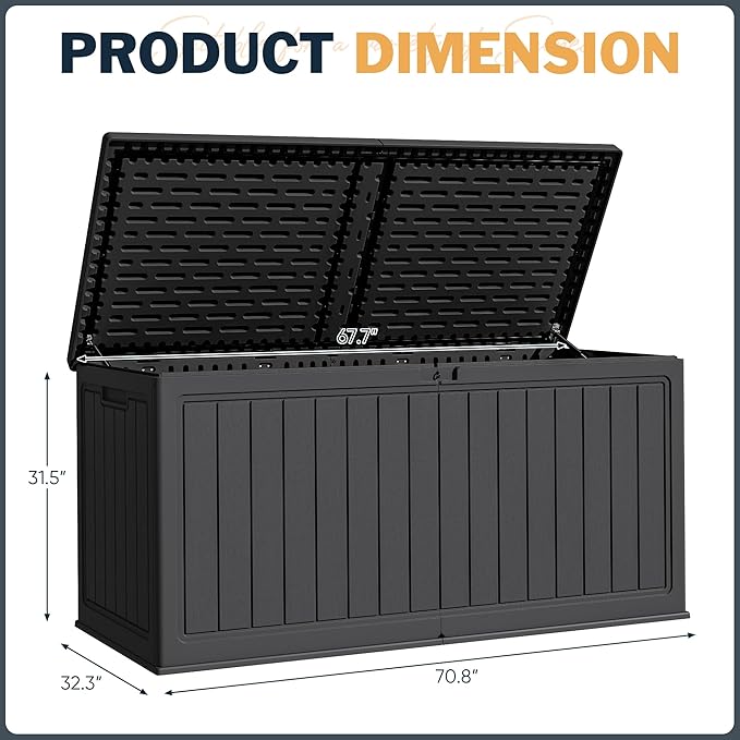 Greesum 260 Gallon HDPE Outdoor Storage Box - Waterproof, Large Capacity Deck Box with Removable Dividers for Patio, Yard, Garden Tools, Black