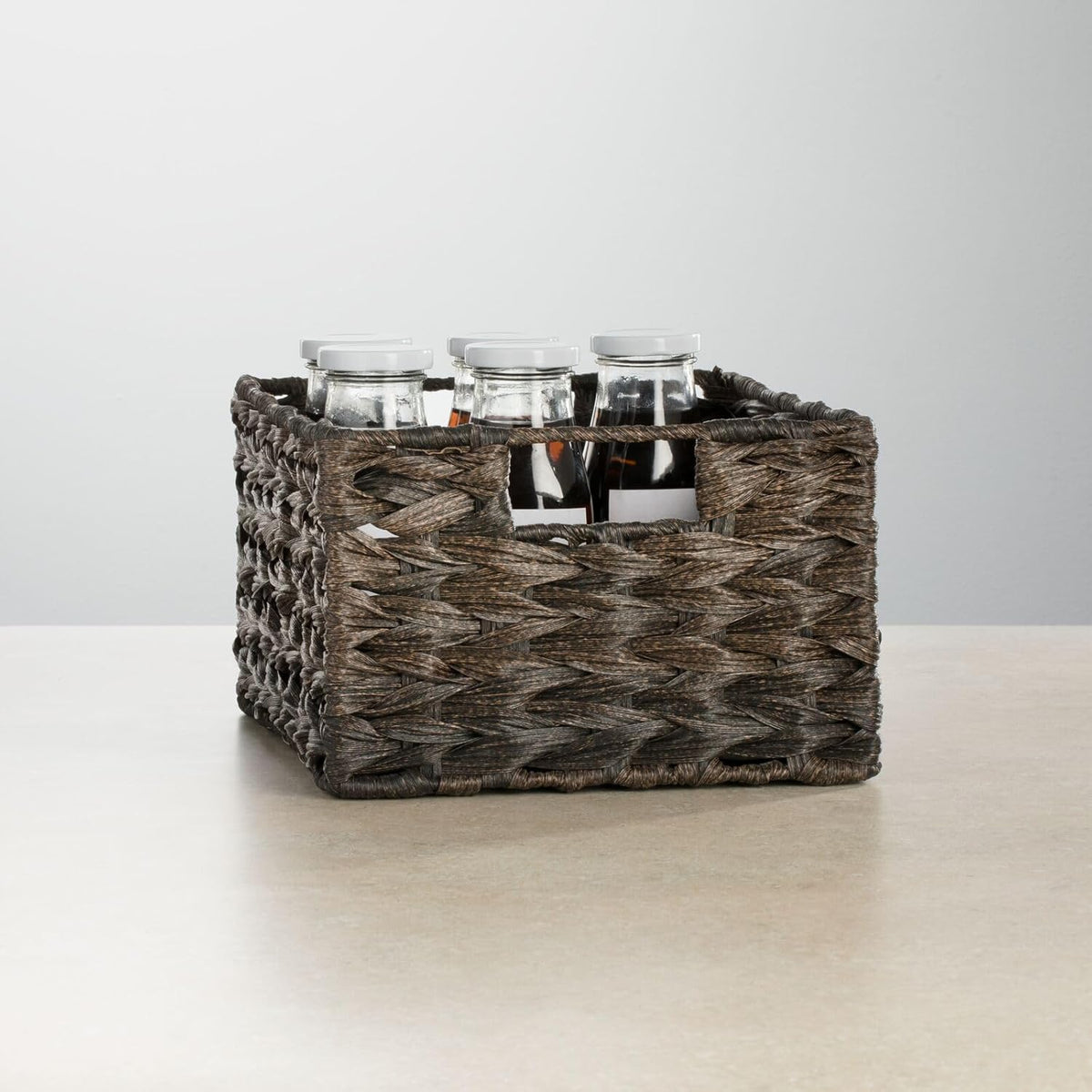 mDesign Woven Farmhouse Kitchen Pantry Food Storage Organizer Basket Bin Box, Container Organization for Cabinets, Cupboards, Shelves, Counter - Store Potatoes, Onions, Fruit, 3 Pack, Espresso Brown