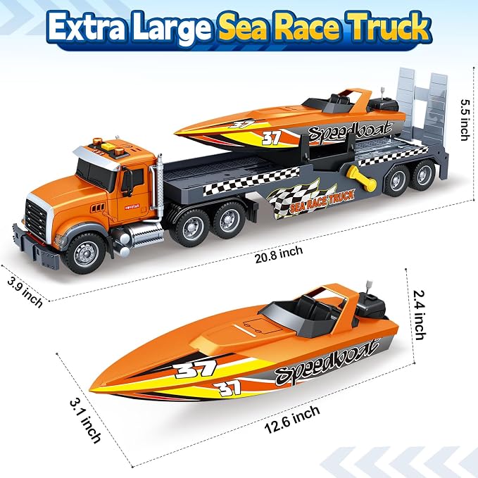 SpringFlower 3 4 5 6 Boy Toys, Extra Large Truck Toy with Sounds & Lights, 21" Semi Truck Toy Flatbed Transport Boat Vehicle,2 in 1 Kids Boy Toddlers Age 3 4 5 6 7 Birthday Gifts