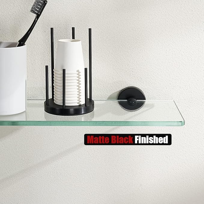 JQK Bathroom Glass Shelf Black, Tempered Glass Shower Storage 16 by 5 inches, 304 Stainless Steel Matte Black Wall Mount, TGS101L16-PB