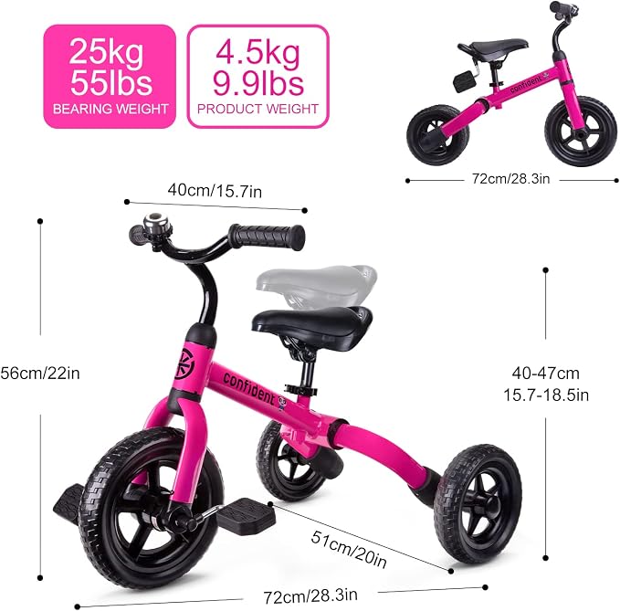 YGJT 3 in 1 Tricycle for Toddlers Age 2-5 Years Old, Folding Kids Balance Bike with Adjustable Seat and Removable Pedal, Toddler Bike Ride-on Toys for Infant, Gifts for Baby Boys Girls Birthday(Pink)