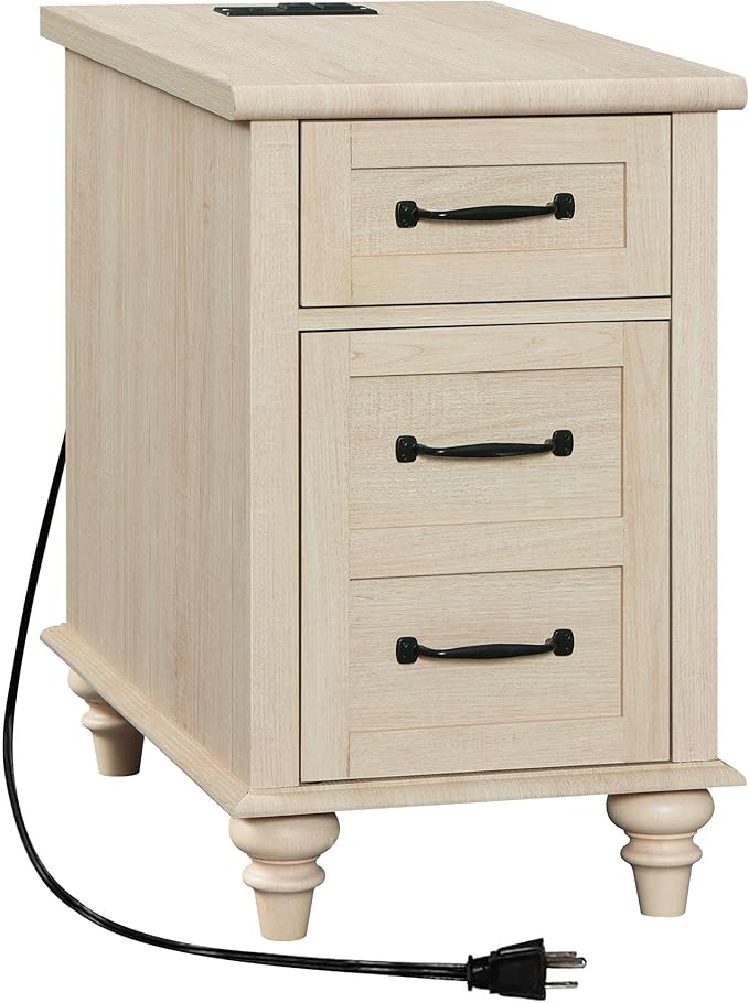 WAMPAT Beige End Table with Charging Station, Wooden Side Table with Storage Cabinet & Drawer, Elegant Nightstand with Power Outlets & USB Ports for Bedroom, Living Room