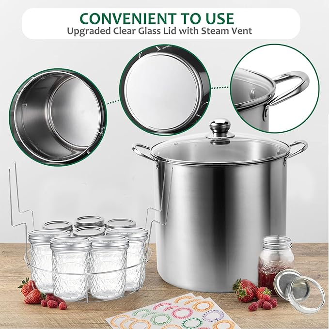 Canning Pot Water Bath Canner with Rack and Mason Jars, 20 Quart Stainless Steel Stock Pots, Canning Supplies Starter Kit Beginners Tools Set, Jar Lifter Tongs and Pickling Kit Accessories