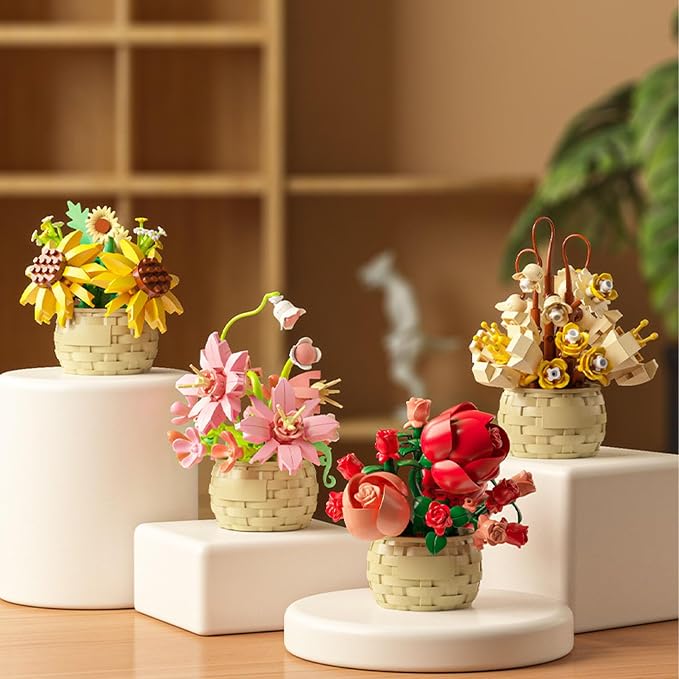 Mini Flowers Building Block Set,Flower Blocks Toys,Plants and Succulent Toys,Building Block Flowerpot,Botanical Collection Birthday Gift for Girls Boys Adults Kids Ages 6+ (Sunflower 162Pcs)