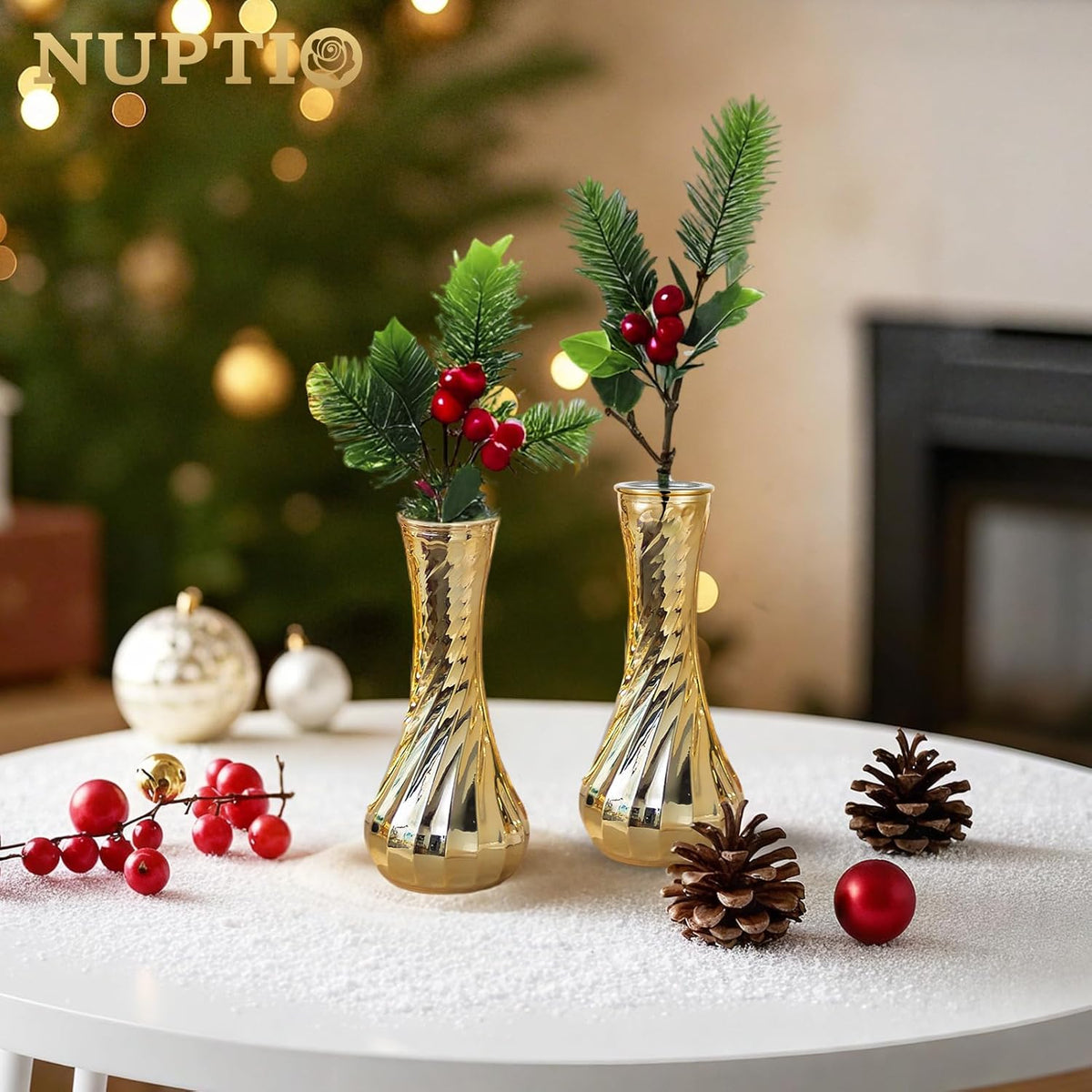 NUPTIO Glass Bud Vase Gold: 6 Pcs Small Flower Vases for Wedding Party Table Centrepiece - Vintage Ribbed Vase for Home Birthday Reception Decorations