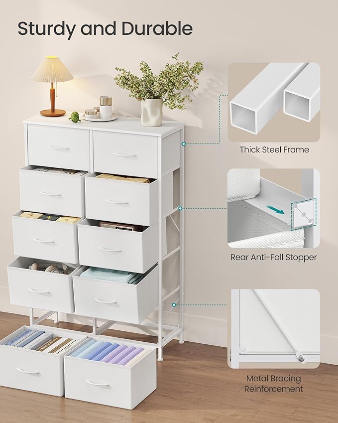 SONGMICS Dresser for Bedroom, Chest of Drawers, Steel, MDF, 10 Non-Woven Fabric Drawers, Storage Organizer Unit, Closet, Entryway, Cloud White and Snow White ULGS125W01S