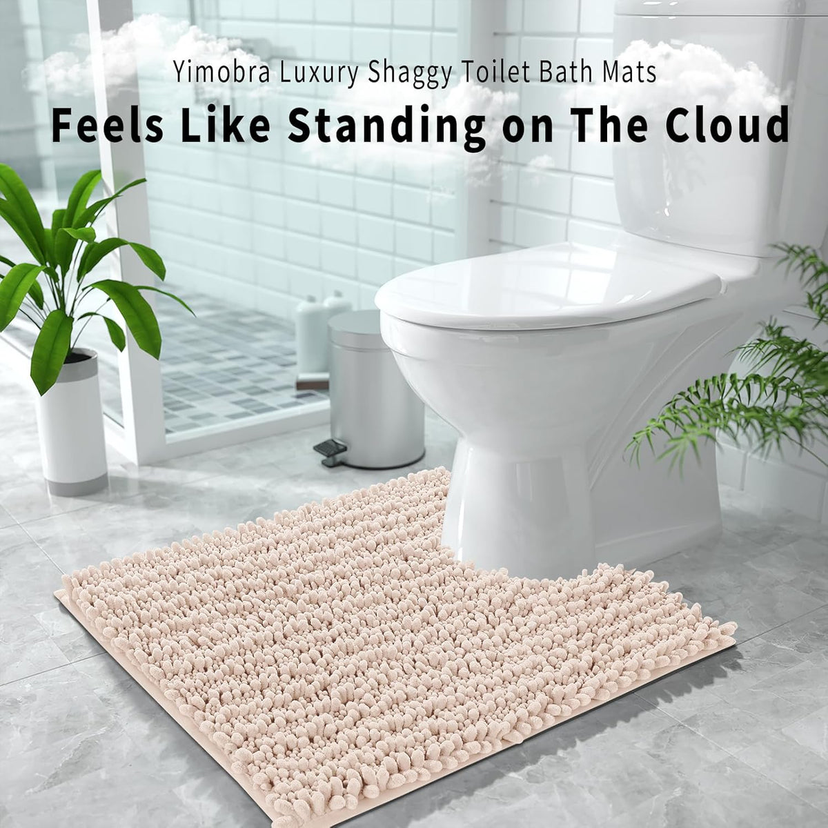 Yimobra Toilet Rug U Shaped Washable 24x20 Inch - Ultra Soft Absorbent Chenille Bath Rugs for Toilet, Quick Dry & Machine Washable, Non Slip Contour Bathroom Mat, Pinkish Beige