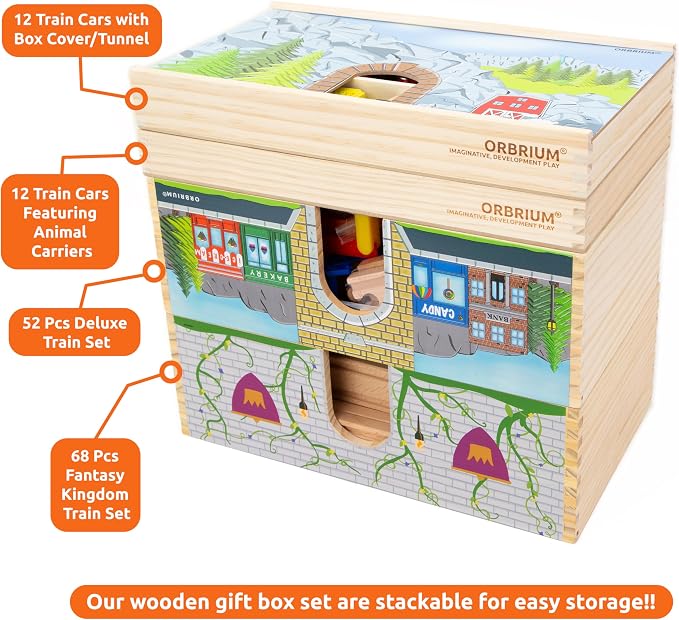 Wooden Train Set Deluxe 52 Pcs with Storage Gift Box Tunnel 9 Layouts Magnetic Trains STEM Montessori Toys Playset for Grandkids Toddler Boys Girls Kids 3+ compatible with Thomas Brio Melissa and Doug