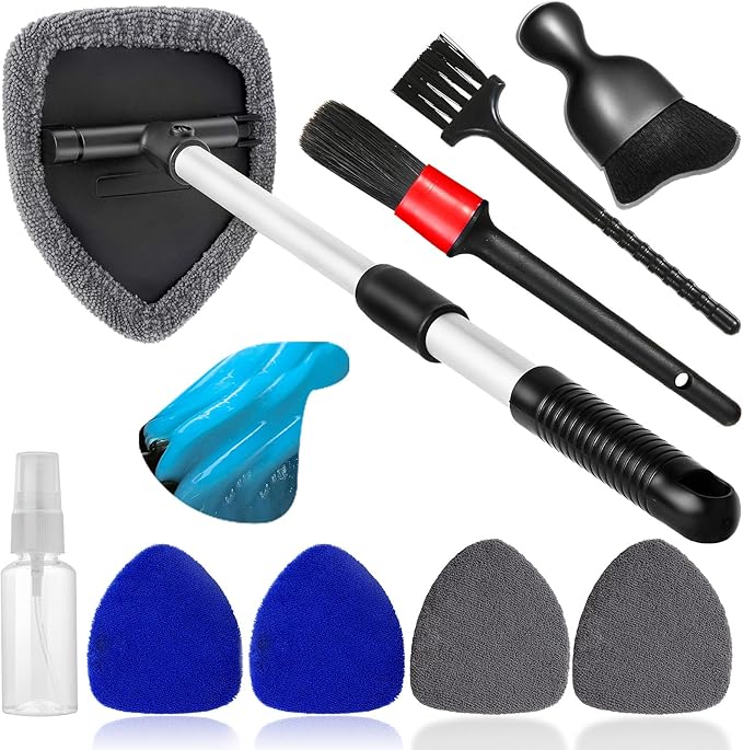 10pcs Windshield Cleaner Tool, Car Window Cleaning Wash Kit with 4 Reusable Microfiber Pads 1 Spray Bottle and Extendable Handle Auto Glass Wiper Kit, Blue&Gray