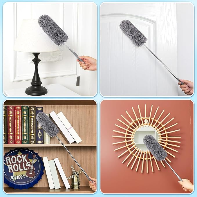 Tanlade 12 Pcs Microfiber Feather Duster for Cleaning 13-31 Inch Extendable Cobweb Dusters Ceiling Fan Duster Washable Bendable Tool for Office Car Window Furniture (Gray)