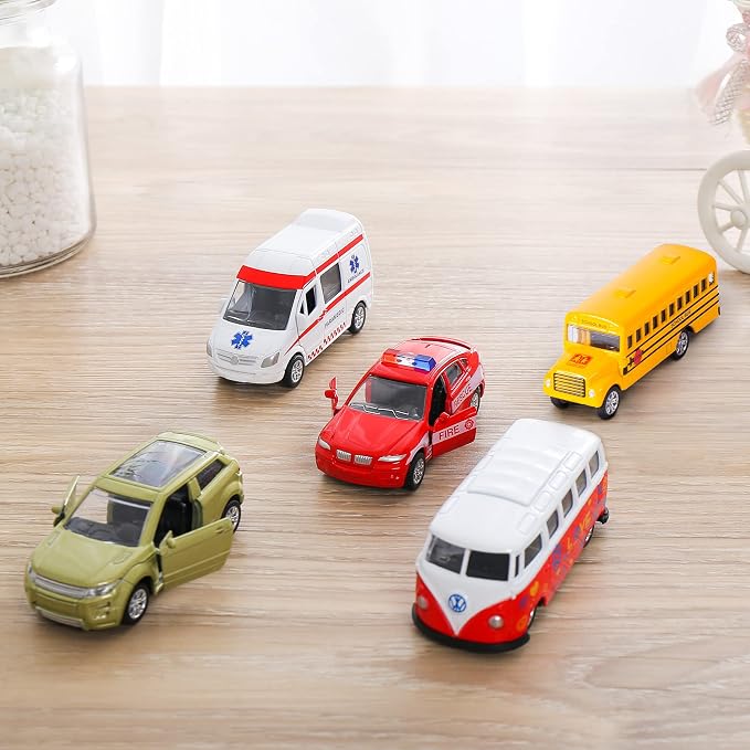 KIDAMI Die-cast Metal Toy Cars Set of 5, Openable Doors, Pull Back Cars Ambulance, Gift Pack for Kids (Official Car Ⅱ)