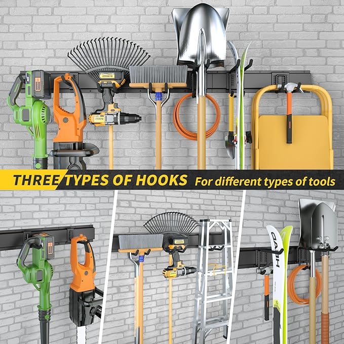 48" Garage Tool Organizer Wall Mount, 440lbs Garden Garage Storage Garage Organization with Adjustable Heavy Duty Hanging Hooks, Yard Rack Hanger System Shovel Rake Broom Ladder Holder, Men Gift