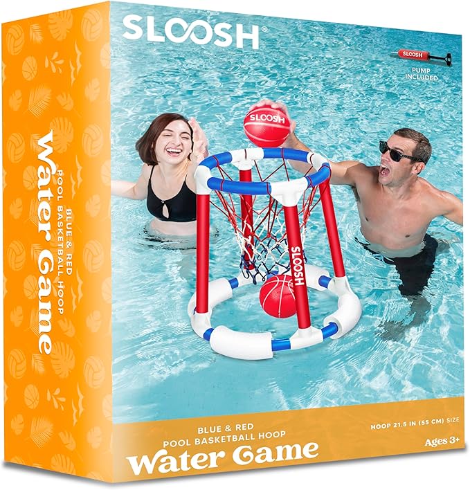 Sloosh Pool Basketball Hoop Toys, Floating Basketball Pool Game, Swimming Floats Toys with Balls Pump, Summer Outdoor Water Play Toy for Kids and Adults (Red Blue)