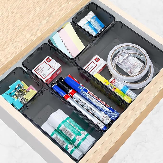 25 PCS Drawer Organizer Set, 4 Varied Size Bathroom and kitchen Drawer cabinet organizer Trays, Clear Storage Bins for Makeup, Jewelry, Utensils and Gadgets,Black