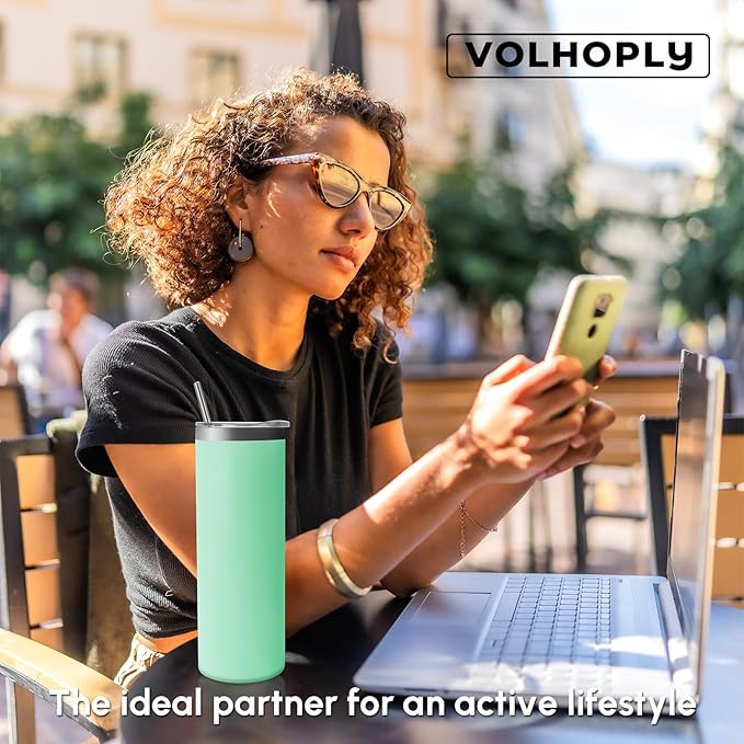 Volhoply 4 Pack Skinny Tumblers with Lid and Straw, 20oz Stainless Steel Straight Tumbler Bulk, Vacuum Insulated Coffee Mug for Home, Office, Travel, DIY (Mint,4 Pack)