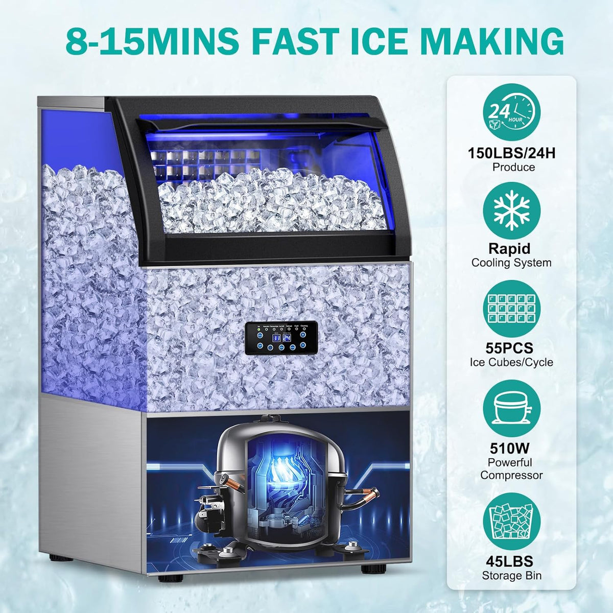 Commercial Ice Maker Machine, 150lbs/24H with 45Lbs Storage Bin, 55Pcs Ice Cubes 8Mins, Tap Add Water Freestanding Ice Maker Commercial for Home Bar Office