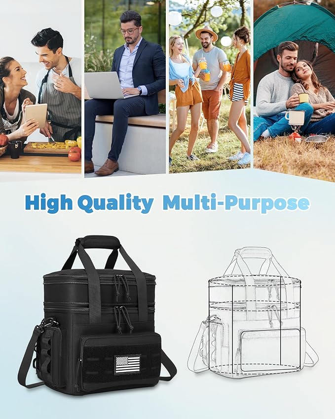 holuxer Tactical Lunch Bag & Lunch Box for Men - Large Double Deck Expandable Insulated Soft Adult Lunchbox for Work - Cooler Bag for Beach, Picnic, Camping,Outdoor,Travel (Black,16L)