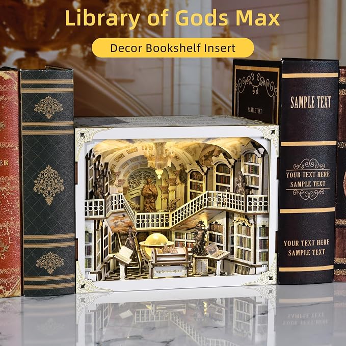 πππππ
DIY Book Nook Kit, DIY Miniature Dollhouse Booknook Kit, 3D Wooden Puzzle Bookend Bookshelf Insert Decor with LED Light for Adults (Library of Gods Max)