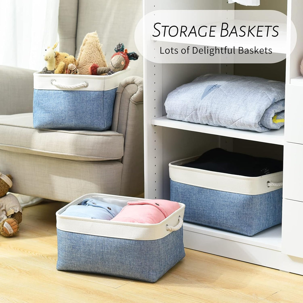 TcaFmac Storage Basket for Organizing - Large 4 Pack Fabric Storage Bins Baskets for Shelves with Ropes, Foldable Storage Cubes for Closet Cloth Toy (White & Blue16x12x8 inch)