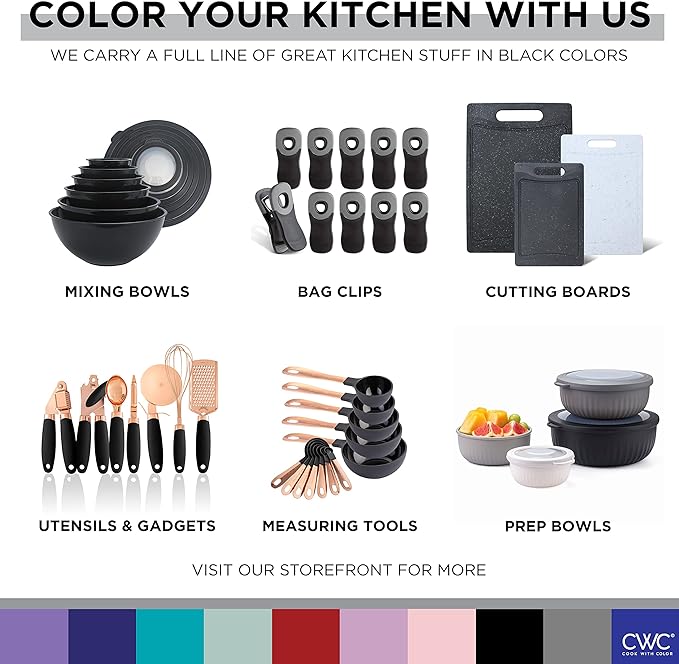 COOK WITH COLOR Nesting Plastic Mixing Bowl Set with Pour Spouts and Handles, Black Speckled, 6 Piece Non-Slip