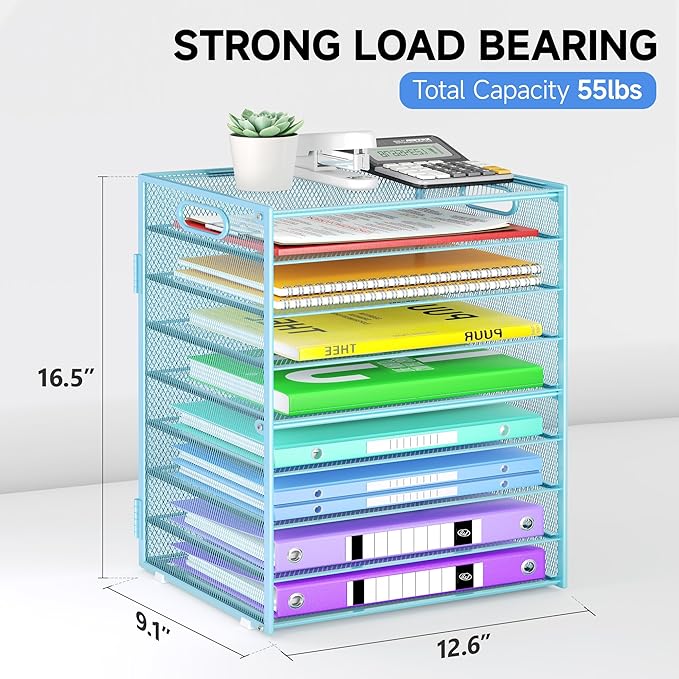 9 Tier Paper Organizer with Handle, Large Capacity Desk Organizer Mesh File Folder Letter Paper Tray Desktop Document Sorter for Classroom, School, and Office Accessories Organization- Blue
