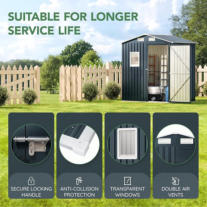 Breezz 6x4FT Outdoor Steel Storage Shed with Clear Window, Lockable Doors, Weather-Resistant Metal Tool Shed for Garden, Backyard, Patio, and Utility Storage