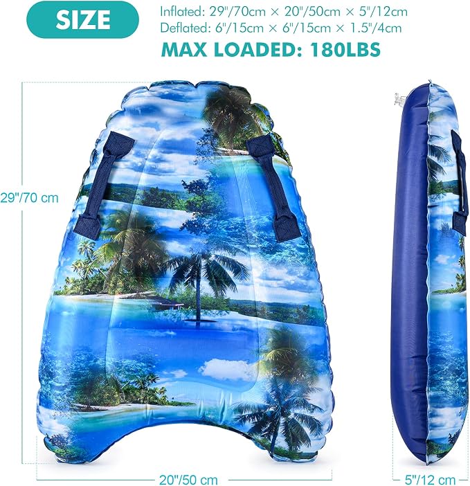 Inflatable Boogy Boards for Beach Travel Toys, 30” Cavas Slip Slide Water Park Body Surfing Board with Handles, Summer Fun Water Pool Game Toys for Kids 4,8,12 Ages Resort