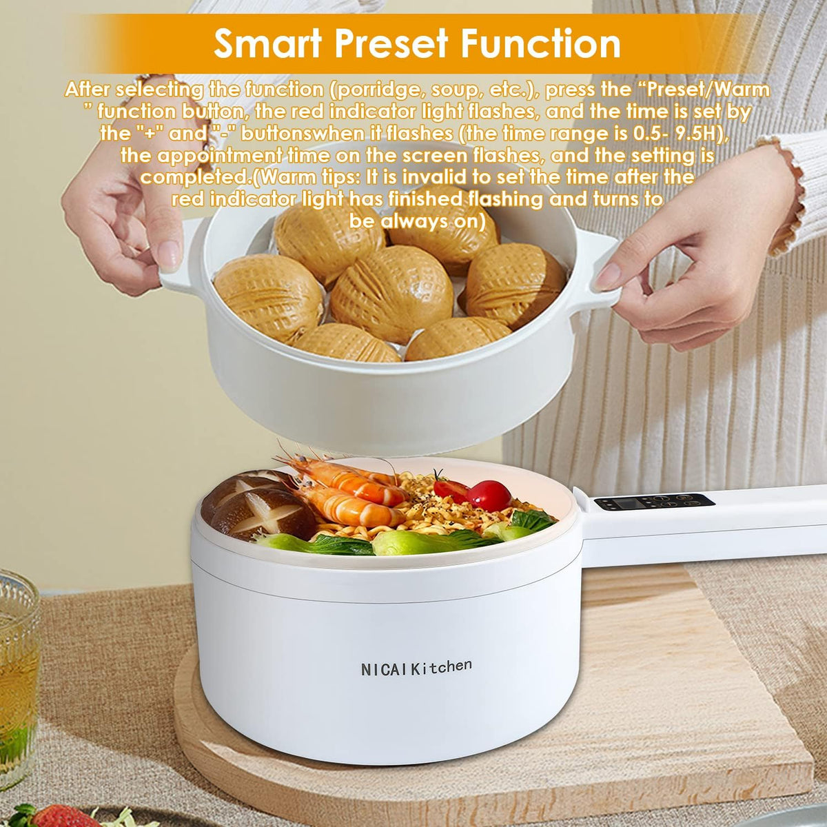 Electric Hot Pot,1.8L Electric Cooker Steamer, Multifunctional Non-stick Pan,Suitable For Ramen, Steak, Egg,Rice, Oatmeal, Soup Smart Button, Gold