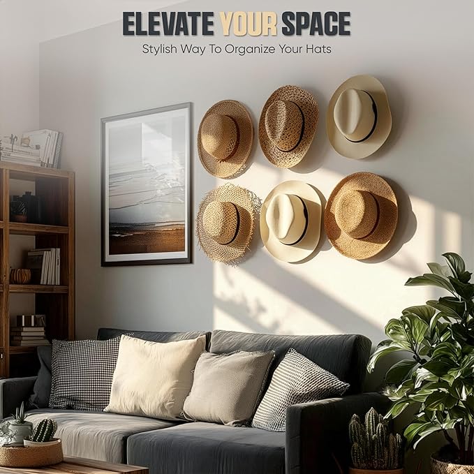 Modern JP Adhesive Hat Hooks for Wall (8-Pack) - Cowboy Hat Rack, Wide Brim Hat Organizer, Strong Hold Hat Hangers for Wall - Black