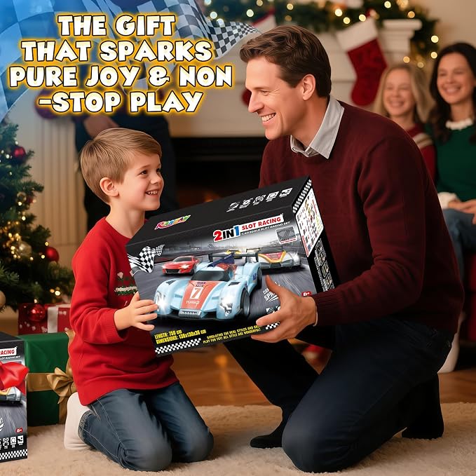 Slot Car Race Track Sets,2 in 1 Race Car Track with 4 High-Speed Slot Cars,Gift Toy for Boys Kids Ages 5 6 7 8-12,Dual Power (Source) Cars Track,Dual Racing Game Lap Counter Circular Overpass Track