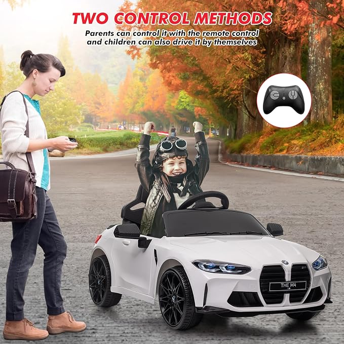 12V Ride On Car for Kids,Licensed BMW M4 Battery Powered Vehicle Car for Boys and Girls, with Remote Control,3 Speed,Led Light,(White)