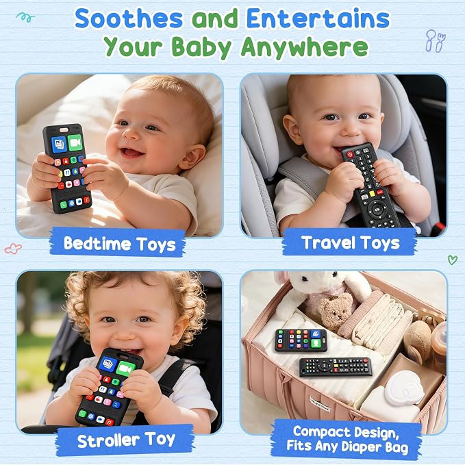 2 Pack Baby Teething Toys 3-6 6-12 Months, Sensory Silicone Phone and Remote Teether Toys for Teething Relief, Infants Newborn Chew Toys 6-18 Months for Sucking Needs, Shower Birthday Gifts