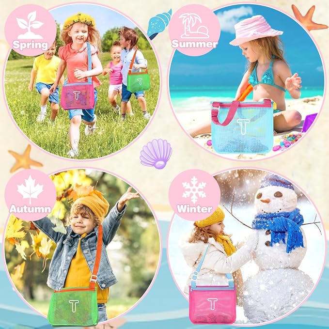 3Pcs Personalized Kids Beach Shell Bag, Initial Seashell Mesh Zipper Beach Pouch, Shell Collecting Bag for Holding Shells with Adjustable Straps, Sand Toys Swim Pouch Gift for Girl Boy Teens(Letter T)