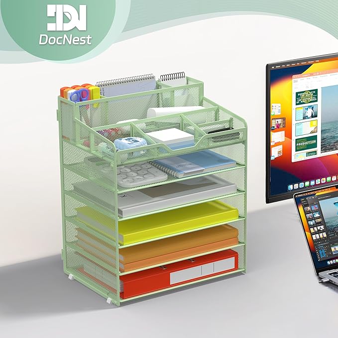 Docnest 6 Tier Mesh Desk Organizer for Paper Office Supplies – Multi-Functional Letter Tray with 5 Adjustable Compartments, 3 Pen Holders, Desktop Storage for Files, Mail, Stationery – Green
