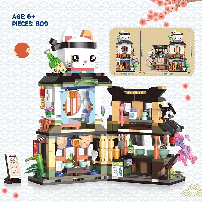 809 PCS Japanese Street View Izakaya Building Blocks – Foldable MOC Sakura Dining Bar Model Kit, Mini Bricks Gift for Adults Kids Girls 6-12 (Not Lego Compatible)