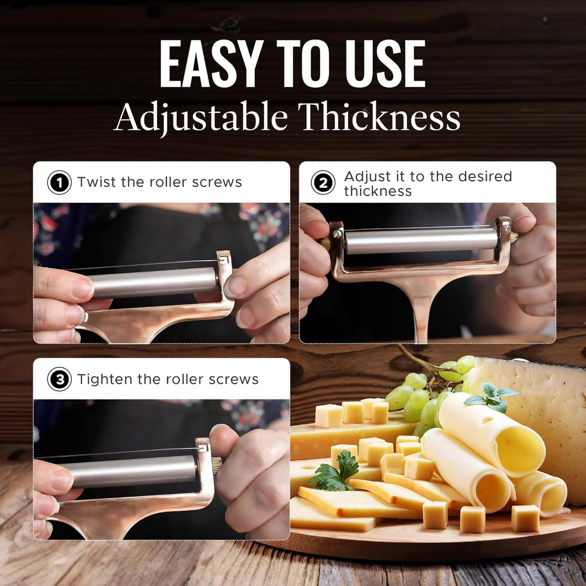 Zulay Adjustable Cheese Slicer - Wire Slicer For Mozzarella, Cheddar, Gouda - Heavy Duty With 2 Extra Wires (Copper)