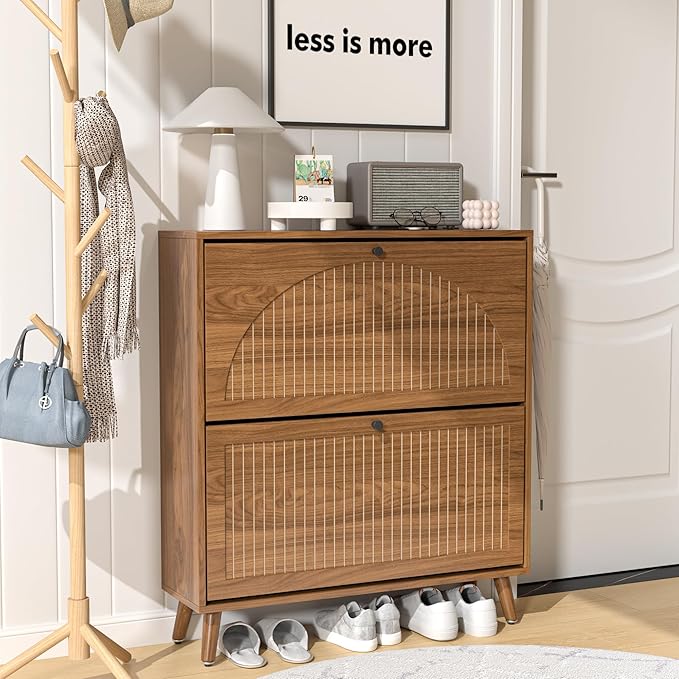 Shoe Storage Cabinet for Entryway with 2 Flip Drawers, Narrow Wood Shoe Cabinet with Fluted Panel, Freestanding Hidden Shoe Organizer for Foyer, Hallway (Walnut)