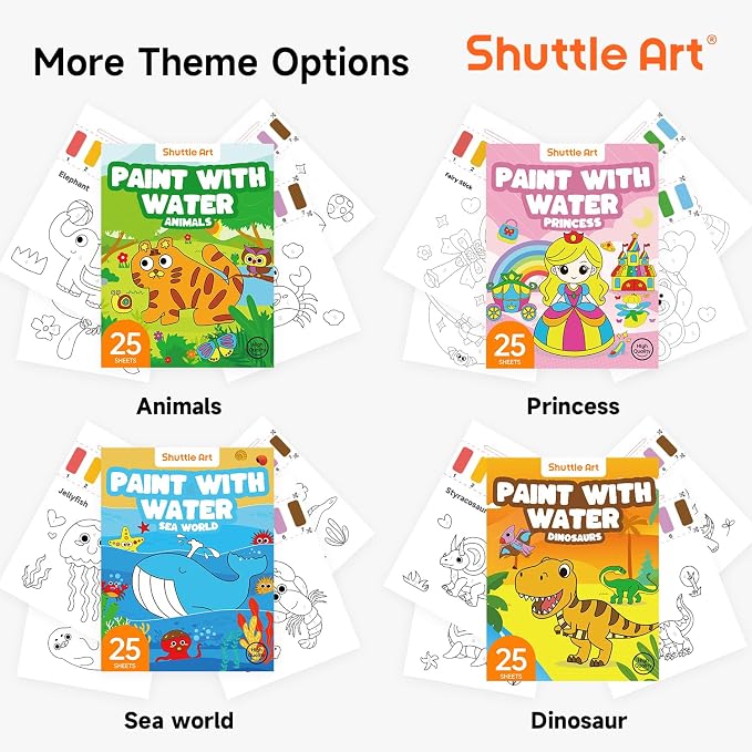 Shuttle Art Paint with Water Coloring Book for Kids, 25 Sea World Themed Pages with 2 Brushes, Mess-Free Watercolor Paint Set, Travel-Friendly Art Craft Gift for Toddlers, Birthday Christmas Gift