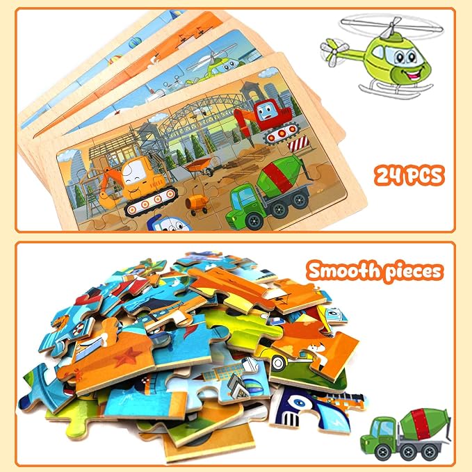 Puzzles for Kids Ages 4-6,24 Pieces Wooden Puzzles for Toddlers Ages 3-5 4-8 3 4 5 6 3-4 Year Olds.4 Pack Car Puzzle Set Children Jigsaw Puzzles for Boys and Girls Educational Learning Toys