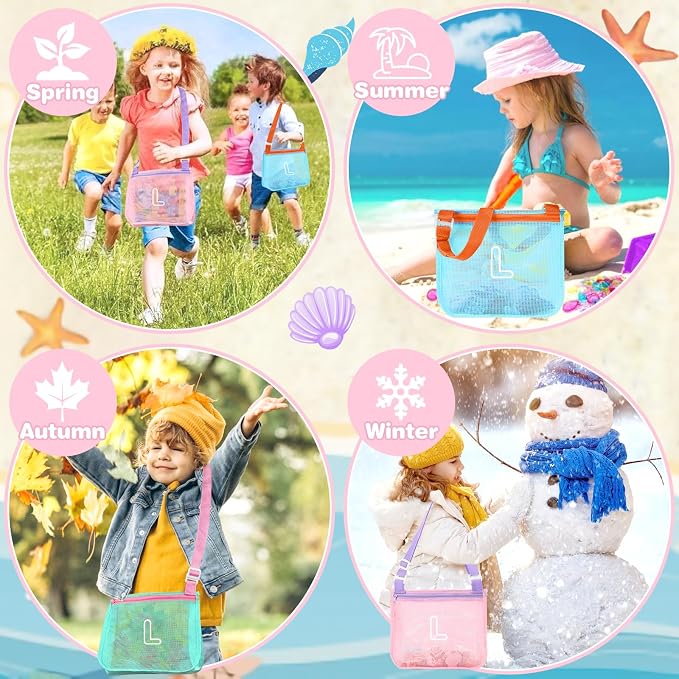 3Pcs Personalized Kids Beach Shell Bag, Initial Seashell Mesh Zipper Beach Pouch, Shell Collecting Bag for Holding Shells with Adjustable Straps, Sand Toys Swim Pouch Gift for Girl Boy Teens(Letter L)