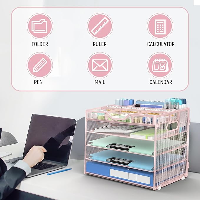 Docnest 5 Tier Mesh Desk Organizer- Letter Tray with Adjustable Compartments, Mesh Desktop Storage Built in Pen Holder and Handles, Desk Organizer Tray for Mail Documents Office Supplies–Pink