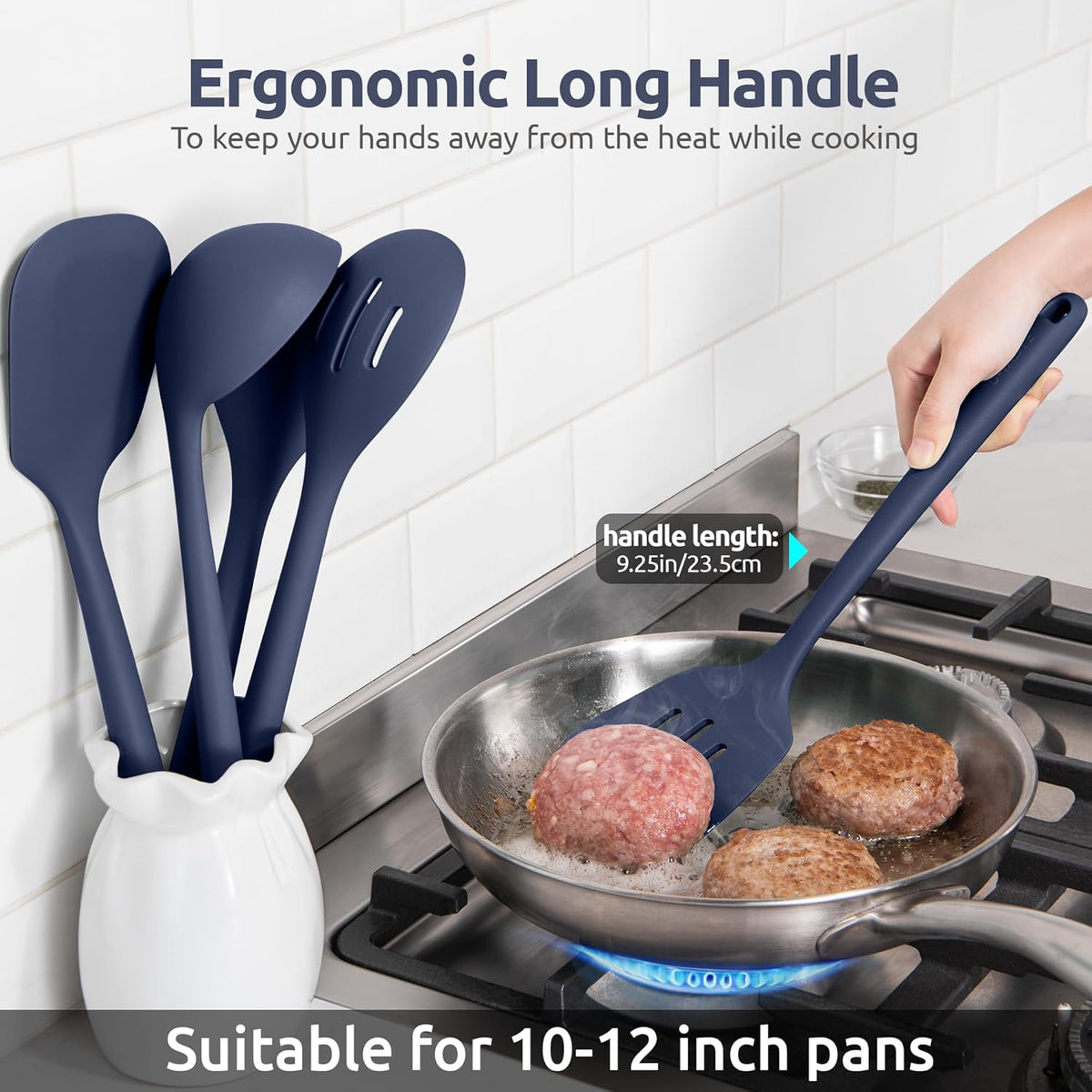 Silicone Kitchen Cooking Utensil Set: U-Taste High Heat Resistant 13.6in Kitchen Gadgets, BPA Free Non Stick Rubber Cook Accessories For Stir Frying, Serving, Basting, Mixing (5 Pieces, Midnight Blue)