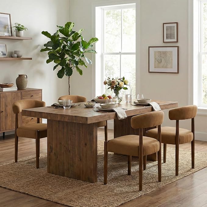 VKNOW Wooden Dining Chairs Set of 2, Modern Upholstered Dining Room Chairs with Walnut Wood Legs and Curved Backrest, Fabric Kitchen Chairs for Farmhouse/Living Room/Dining Room, Orange