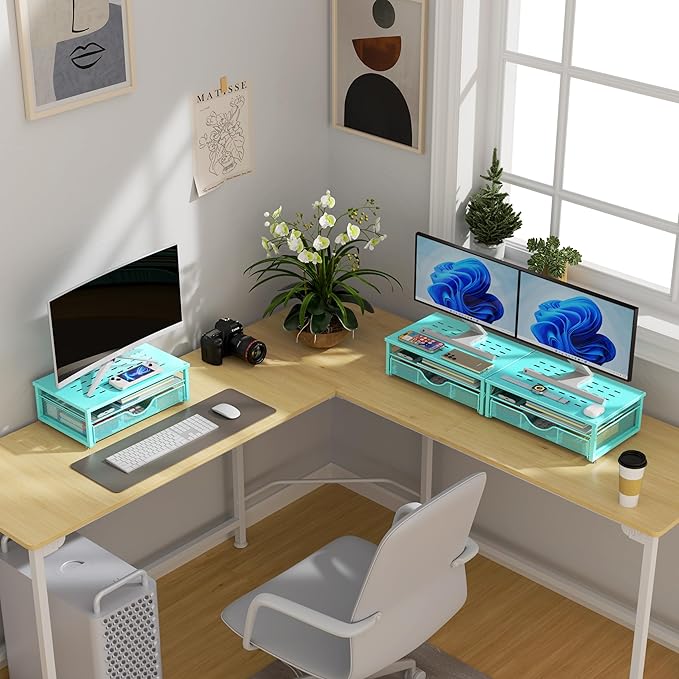 gianotter Computer Monitor Stand Riser, office organizer with Drawer, Office Organizers Storage for Classroom Office Supplies (Blue)