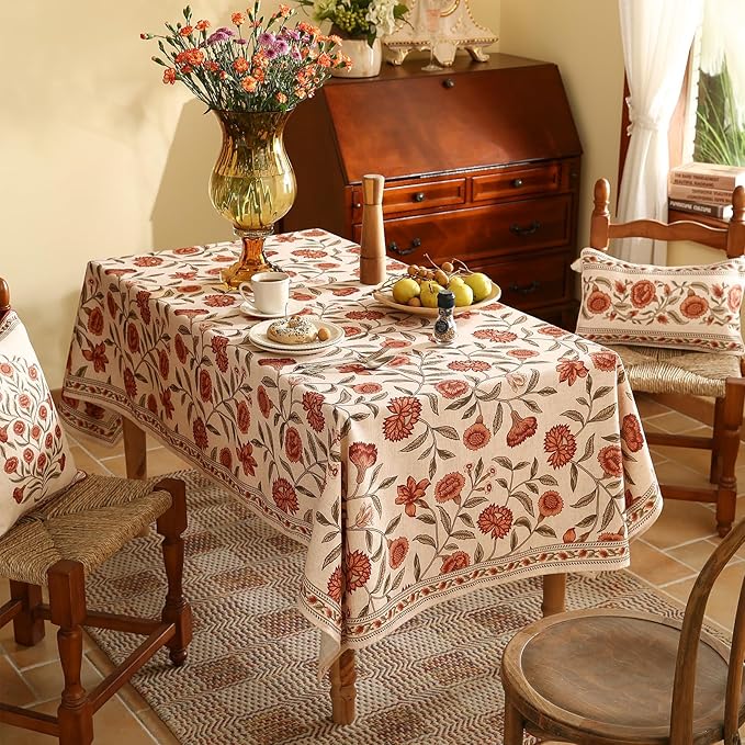 ISAENNE Designer French Long Rectangular Tablecloth,Linen Orange Floral Pattern Indoor Table Cloth,Wrinkle Resistant Decor Table Cloth for Dining Thanksgiving Kitchen Party,63"*94"-Alvarado D
