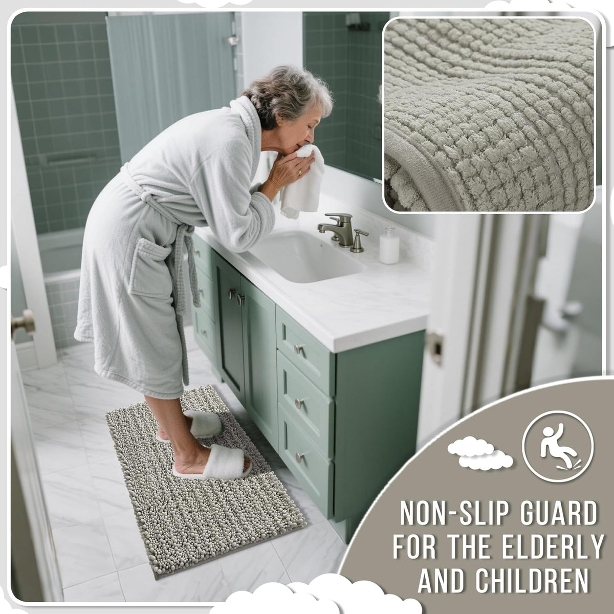 Yimobra Bathroom Rugs Non Slip Washable 24x17 Inch - Ultra Soft Absorbent Chenille Bath Mat, Quick Dry Shaggy Floor Carpet for Tub Shower, Sand Home Decor Accessories