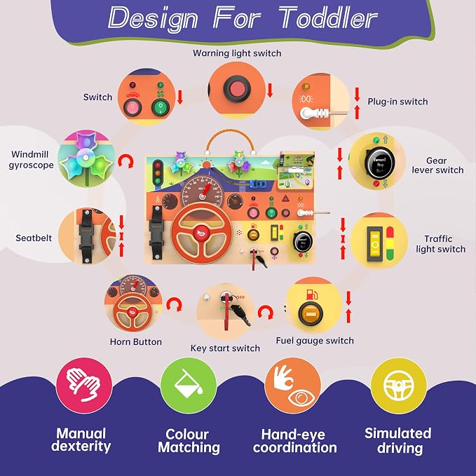 Busy Board Montessori Toys for Toddlers 1-3 with Steering Wheel, Lights & Switches, Wooden Driving Activity Board | Sensory Montessori Busy Board for 1+ Year Old, Toddler Learning & Travel Toy
