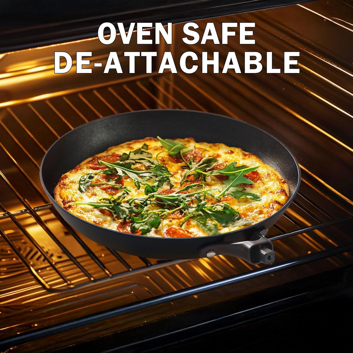 DM Cast Iron Skillet, 12 Inch Nonstick Frying Pan with Detachable Acacia Wooden Handle, Honeycomb Non stick Omelet Egg Pan, Easy Clean Oven Safe Pans for Cooking
